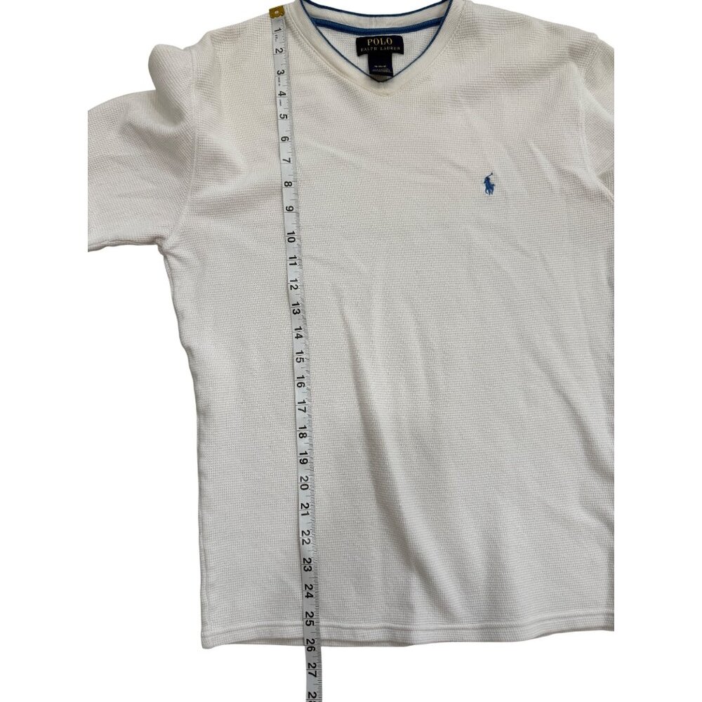 Polo Ralph Lauren Mens Thermal Shirt Long Sleeve V-Neck White Blue Logo Size M - Picture 6 of 6
